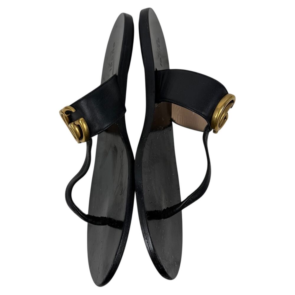 Gucci Black Leather Thong Sandal Gold Double G Logo Size 38.5 - Picture 7 of 13